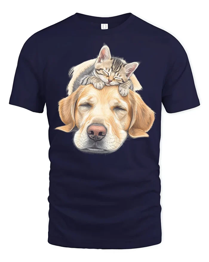 Cute Sleeping Puppy And Kitten Graphic T-Shirt - navy t-shirt on white background