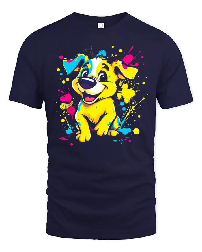 Colorful Paint Splatter Puppy Dog Graphic T-Shirt - navy t-shirt on white background
