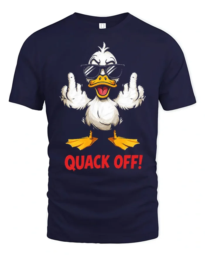 Funny Quack Off Duck Flipping Middle Finger Graphic T-Shirt - navy t-shirt on white background