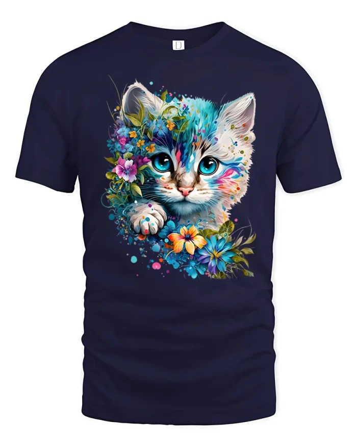 Cute Watercolor Floral Cat Kitten Graphic T-Shirt - navy t-shirt on white background
