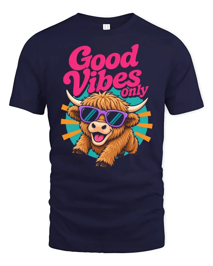 Good Vibes Only Highland Cow Wearing Sunglasses T-Shirt - navy t-shirt on white background
