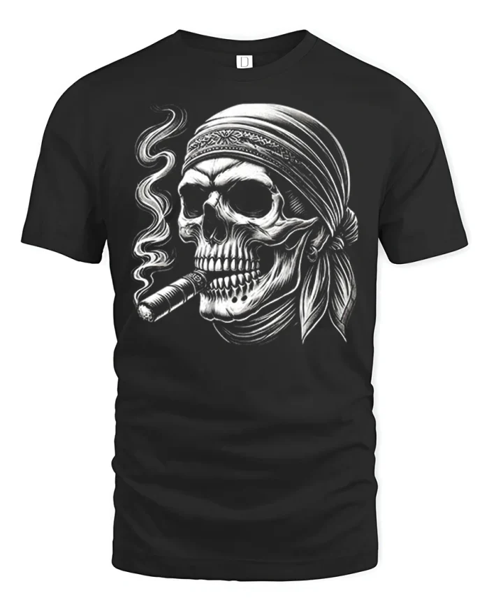 Smoking Skull Bandana Graphic Tee Dark Gothic Biker Style Tshirt - black t-shirt on white background