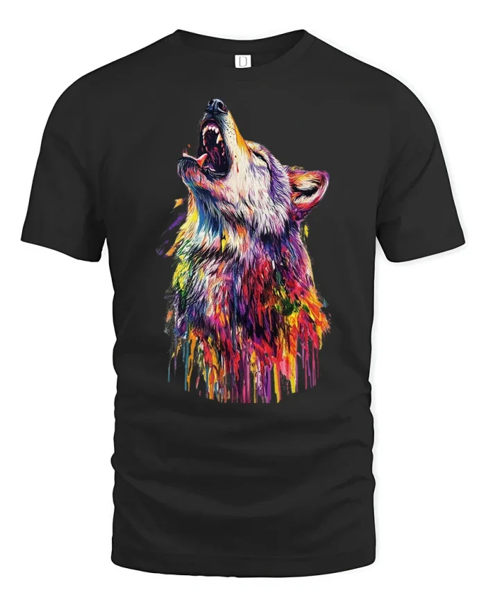 Colorful Howling Wolf Graphic Tee Vibrant Wildlife Art Tshirt - black t-shirt on white background