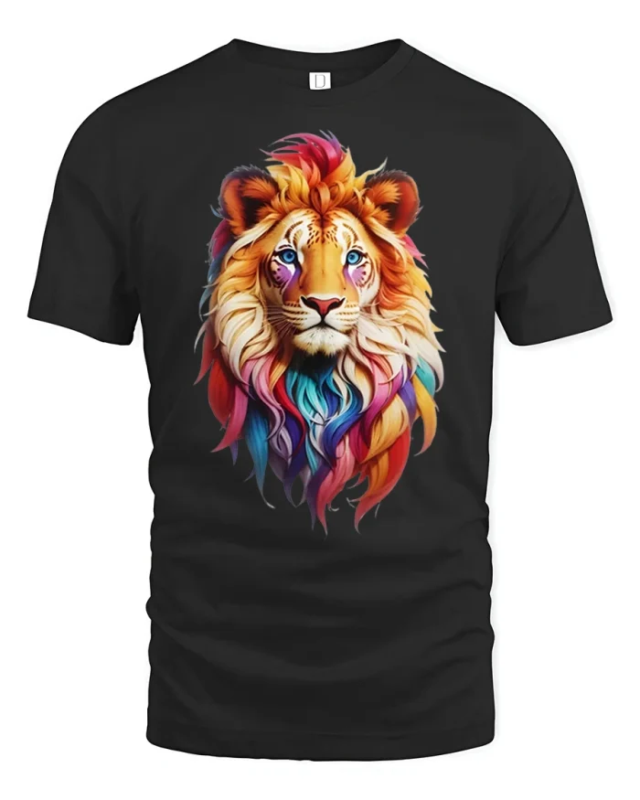 Colorful Rainbow Lion Portrait Wildlife Graphic T Shirt Tee - black t-shirt on white background
