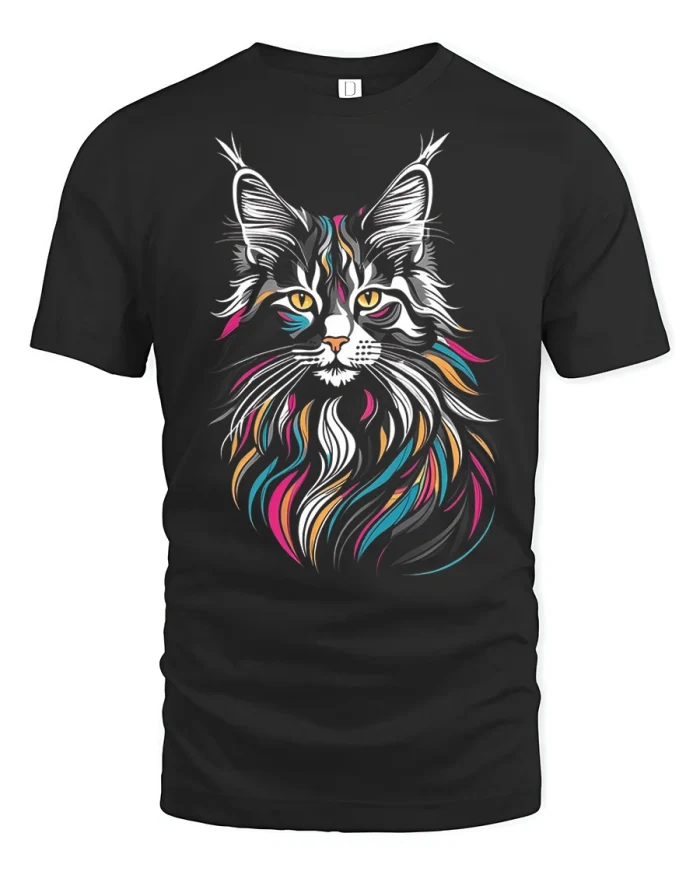 Colorful Maine Coon Cat Artistic Portrait Graphic T Shirt Tee - black t-shirt on white background