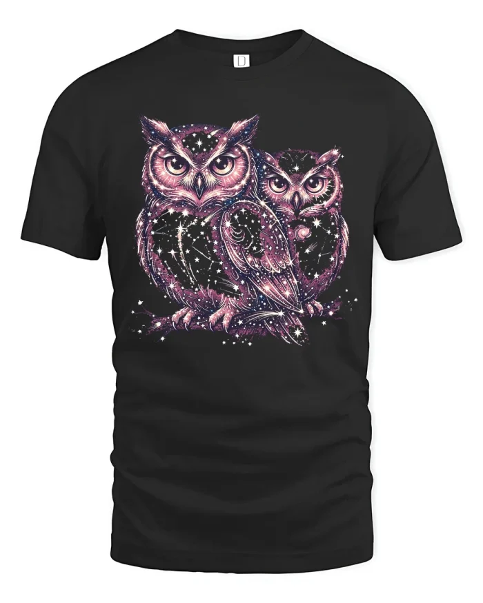 Galaxy Owl Couple Celestial Wildlife Graphic T Shirt Tee - black t-shirt on white background