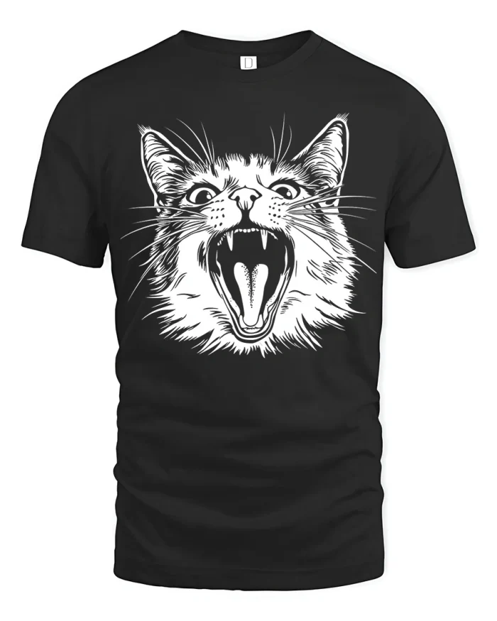 Funny Screaming Cat Graphic Tee Crazy Feline Face T Shirt Gift - black t-shirt on white background
