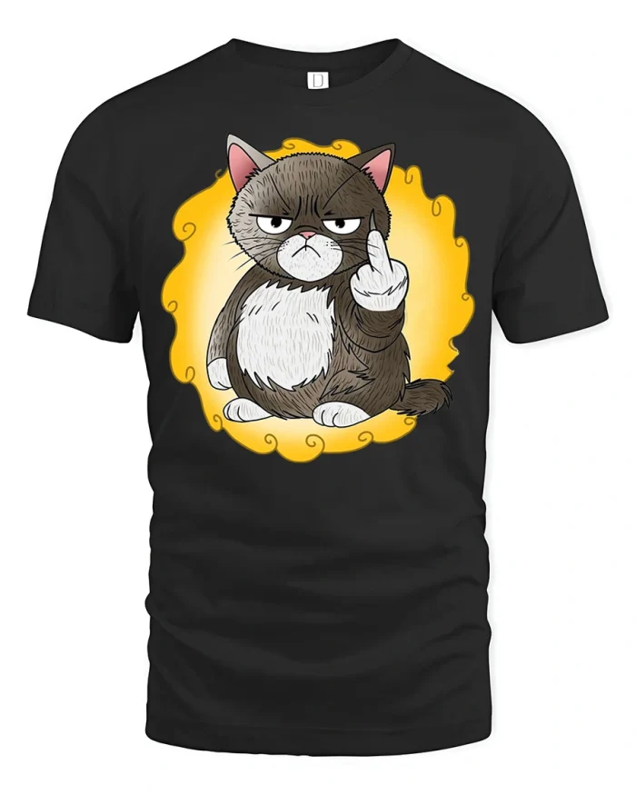 Funny Grumpy Cat Middle Finger Graphic Tee Savage Kitty Humor Shirt - black t-shirt on white background