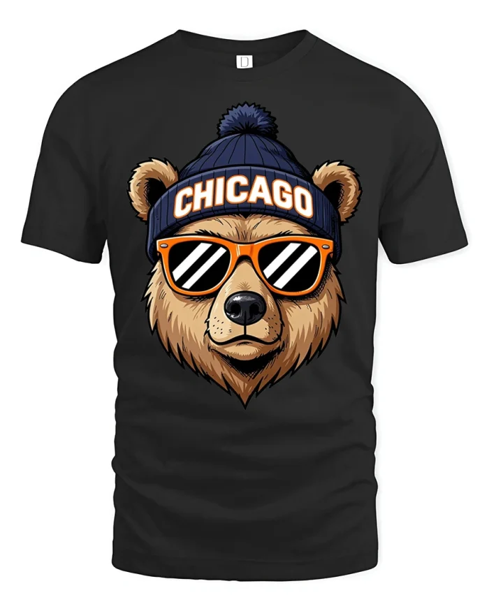 Chicago Bear Graphic Tee Cool City Animal Sunglasses T Shirt Gift - black t-shirt on white background