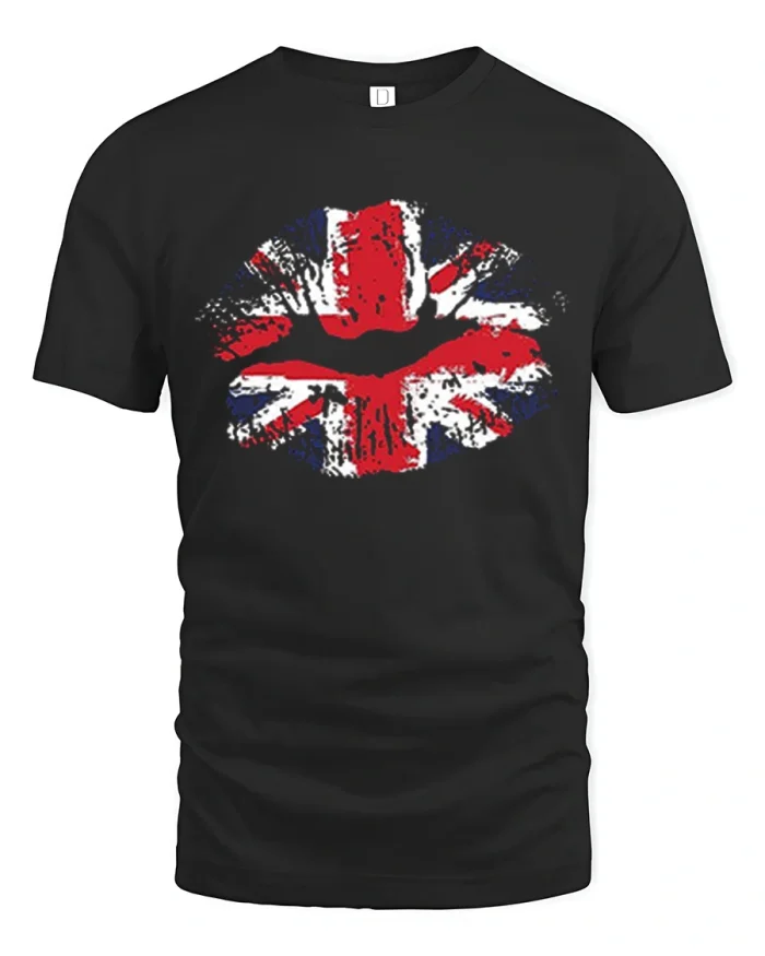 Vintage British Flag Lips Graphic Tee Patriotic UK Kiss Tshirt - black t-shirt on white background