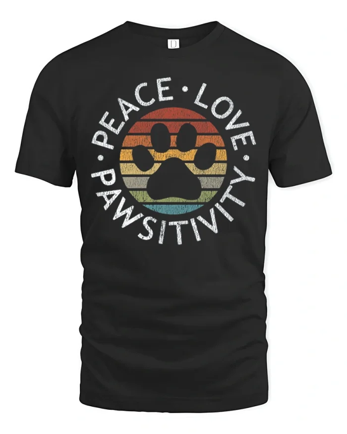 Peace Love Pawsitivity Vintage Paw Print Graphic Tee Shirt - black t-shirt on white background