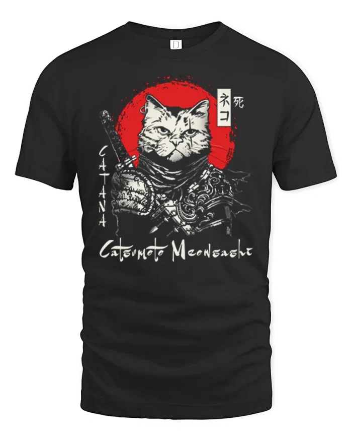 Catana Meowsashi Samurai Cat Graphic Tee Funny Ninja Tshirt - black t-shirt on white background