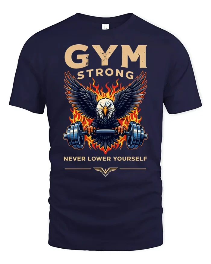 Gym Strong Eagle Weightlifting Motivation Graphic T Shirt Tee - navy t-shirt on white background