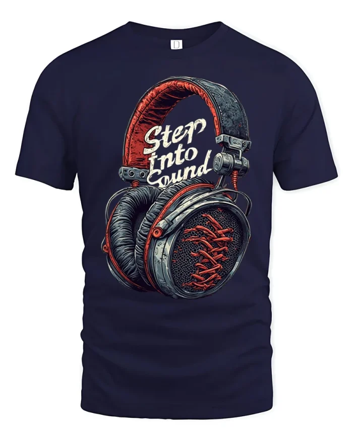 Step Into Sound Vintage Headphones Music Lover Graphic Tee - navy t-shirt on white background