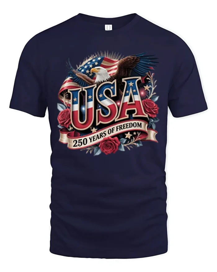 USA 250 Years Of Freedom Patriotic Eagle Graphic T Shirt Tee - navy t-shirt on white background
