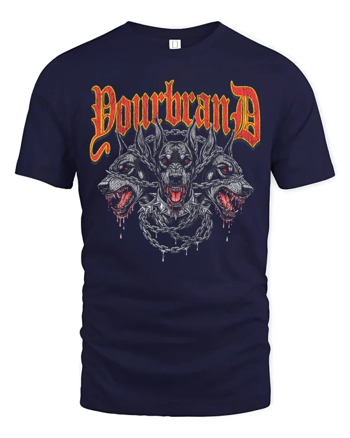 Powerbreed Cerberus Doberman Heavy Metal Graphic T Shirt Tee - navy t-shirt on white background
