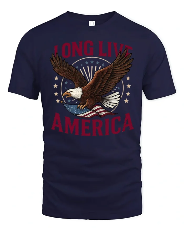 Long Live America Patriotic Bald Eagle Graphic T Shirt Tee - navy t-shirt on white background
