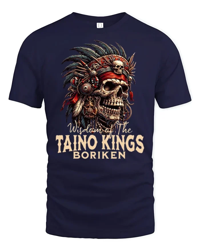 Wisdom Of The Taino Kings Boriken Skull Graphic Tee Heritage Art - navy t-shirt on white background