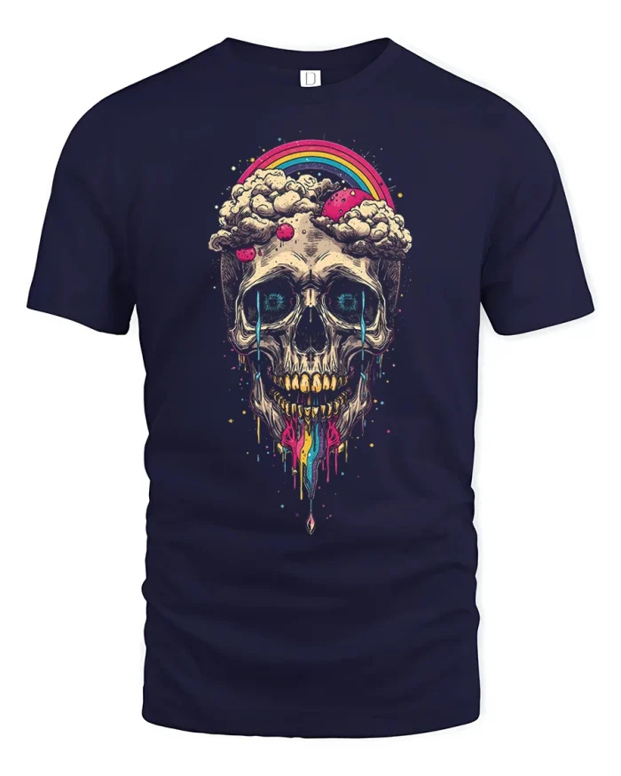 Psychedelic Melting Skull Graphic Tee Surreal Rainbow Gothic Art - navy t-shirt on white background