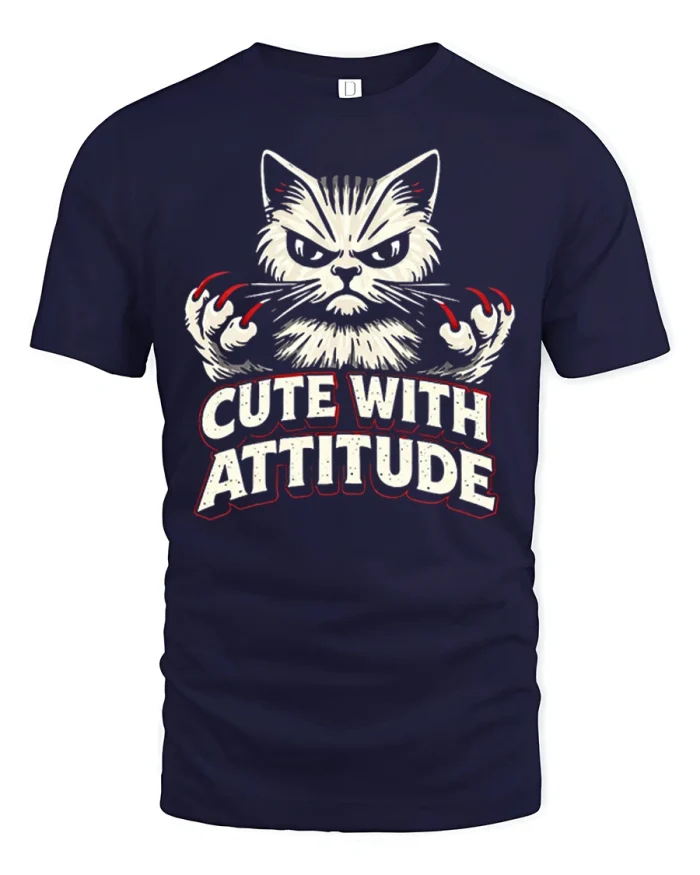 Cute With Attitude Cat Graphic Tee Funny Grumpy Kitty T Shirt Gift - navy t-shirt on white background