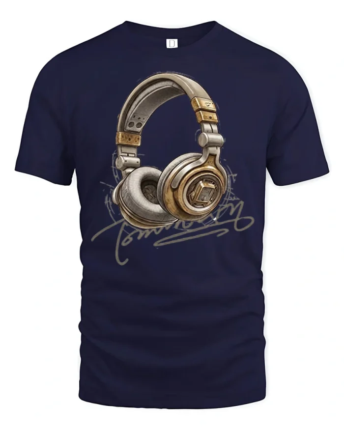 Vintage Music Headphones Graphic Tee Retro Audio Lover T Shirt Gift - navy t-shirt on white background