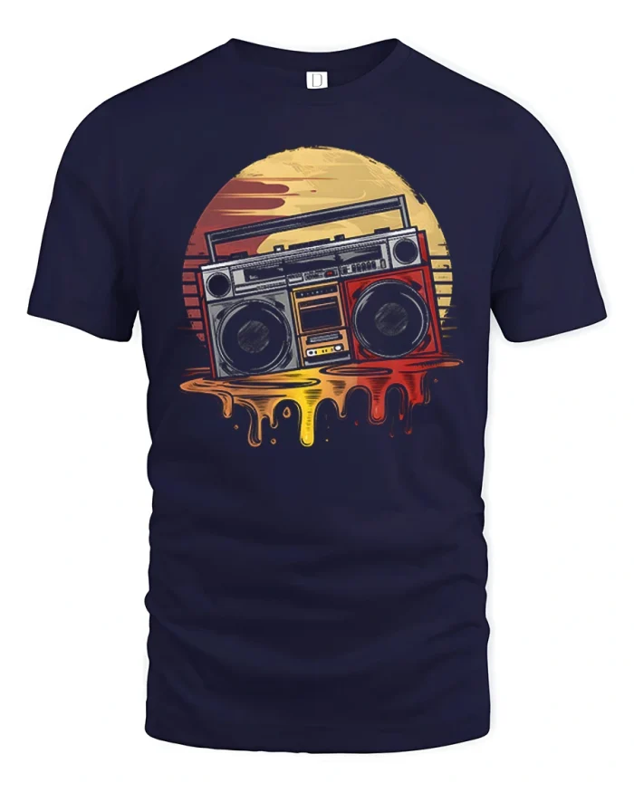 Vintage Retro Boombox Graphic Tee Classic Music Lover T Shirt Gift - navy t-shirt on white background