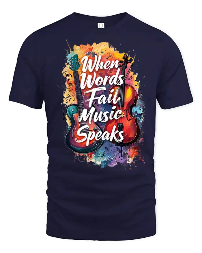 When Words Fail Music Speaks Graphic Tee Guitar Violin Art Shirt - navy t-shirt on white background