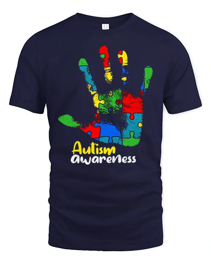 Autism Awareness Puzzle Hand Graphic Tee Support Inclusion T Shirt - navy t-shirt on white background