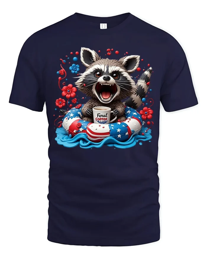 Funny Feral Coffee Raccoon Graphic Tee Patriotic Summer T Shirt - navy t-shirt on white background