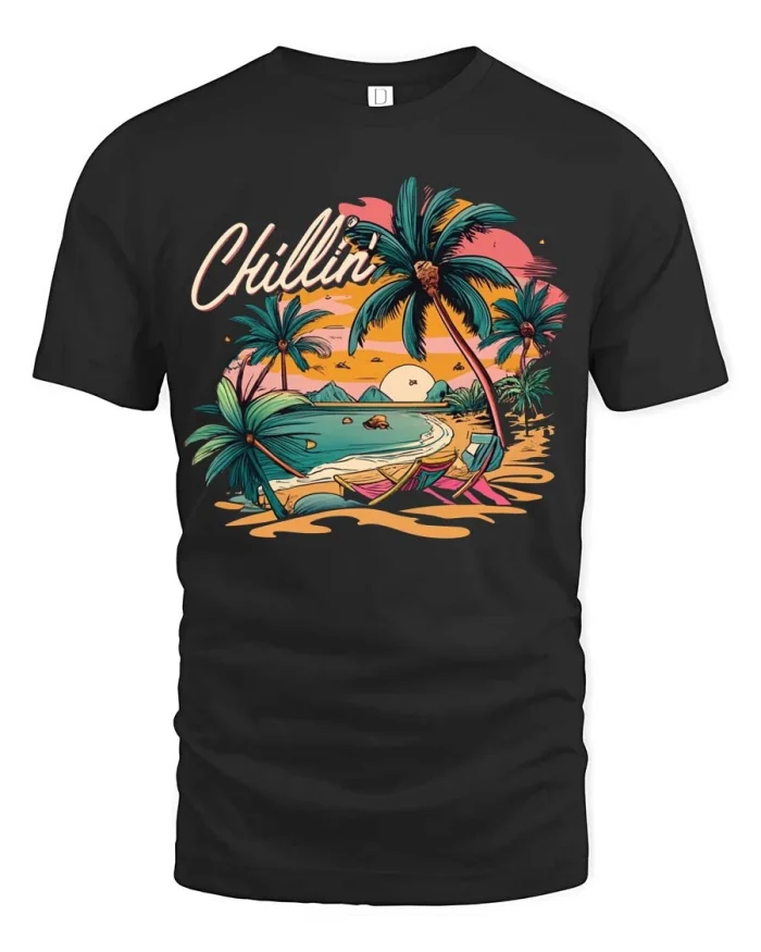 Chill Tropics Palm Tree Beach Sunset Graphic Tee - black t-shirt on white background