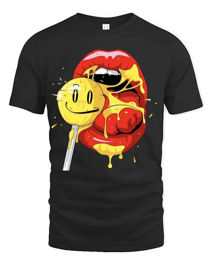 Delicious Lick Yellow Lollipop Red Lips Graphic Tee - black t-shirt on white background