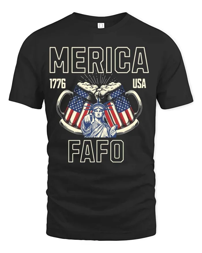 Bold Freedom FAFO Liberty Statue Beer USA Graphic Tee - black t-shirt on white background