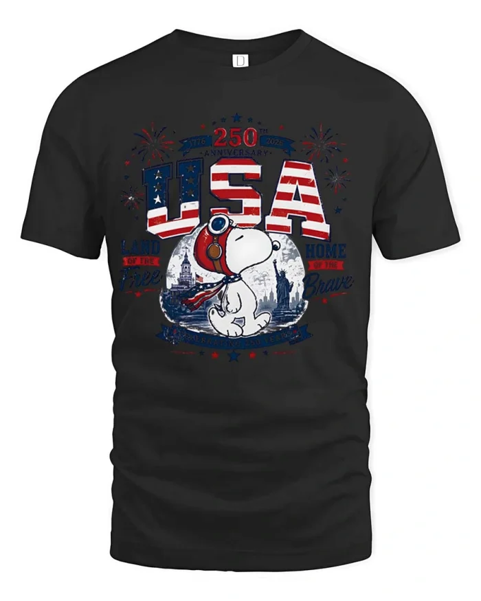 Historic USA 250th Anniversary Snoopy Aviator Graphic Tee - black t-shirt on white background