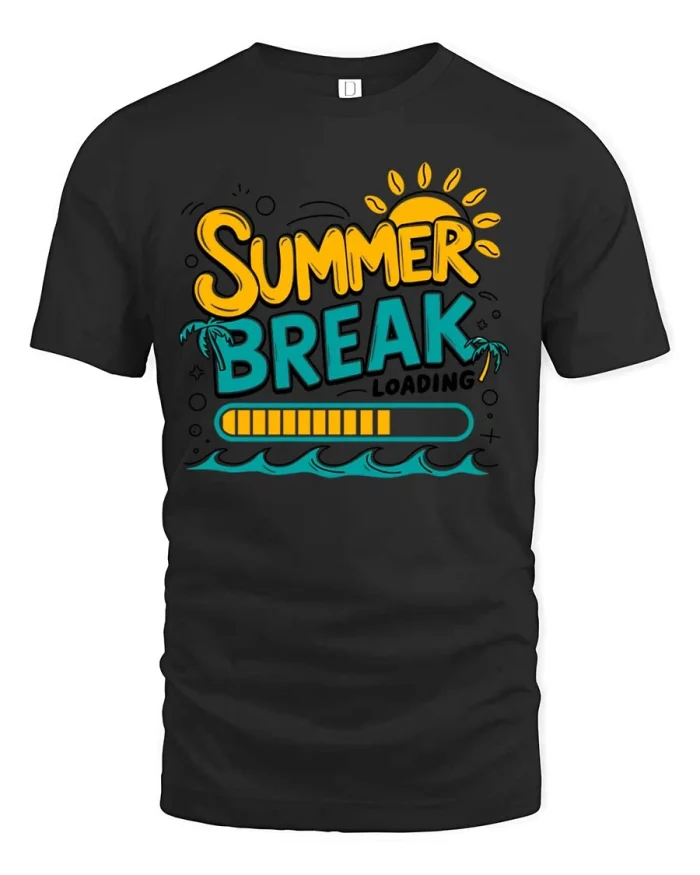 Exciting Summer Break Loading Sunset Beach Vacation Graphic Tee - black t-shirt on white background