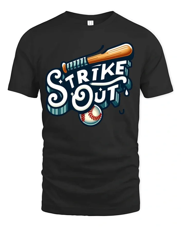 Strike Out Baseball Bat Vintage Graphic Tee - black t-shirt on white background