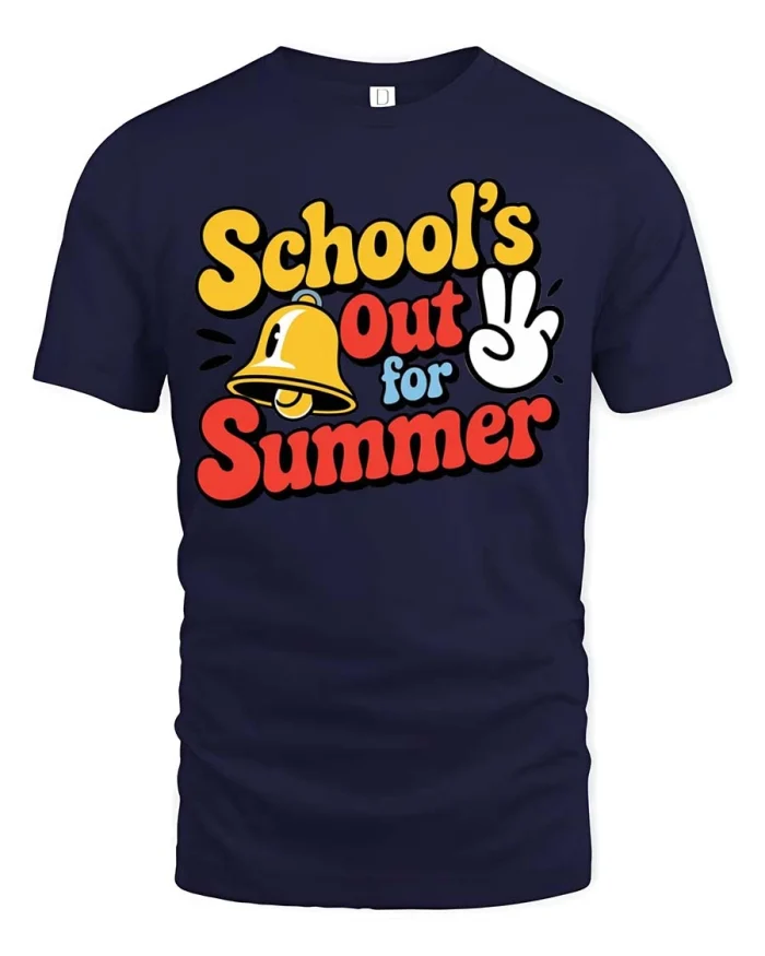 Celebratory School Is Out For Summer Peace Bell Graphic Tee - navy t-shirt on white background