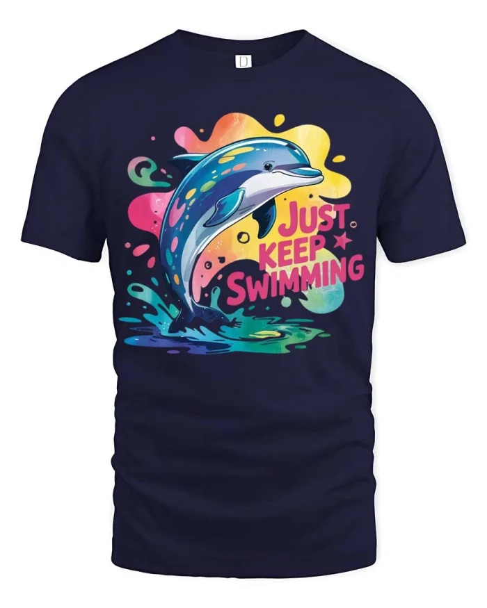 Playful Splash Dolphin Just Keep Swimming Soft Graphic Tee - navy t-shirt on white background