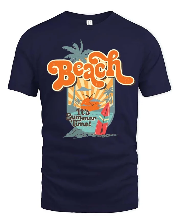 Retro Sunset Surfing Beach It’s Summer Time Graphic Tee - navy t-shirt on white background