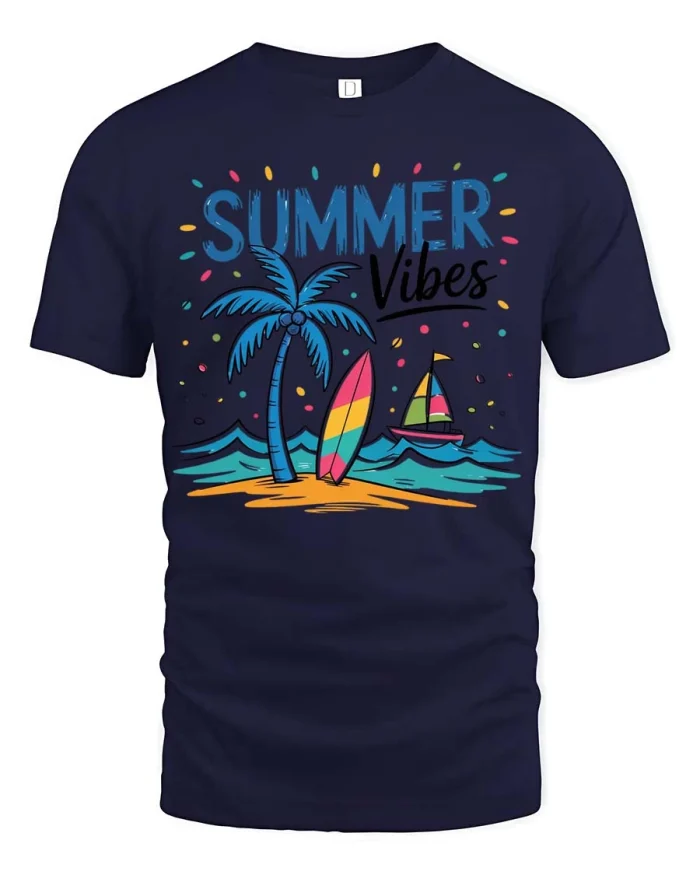Lively Summer Vibes Palm Tree Surfboard Sailboat Graphic Tee - navy t-shirt on white background