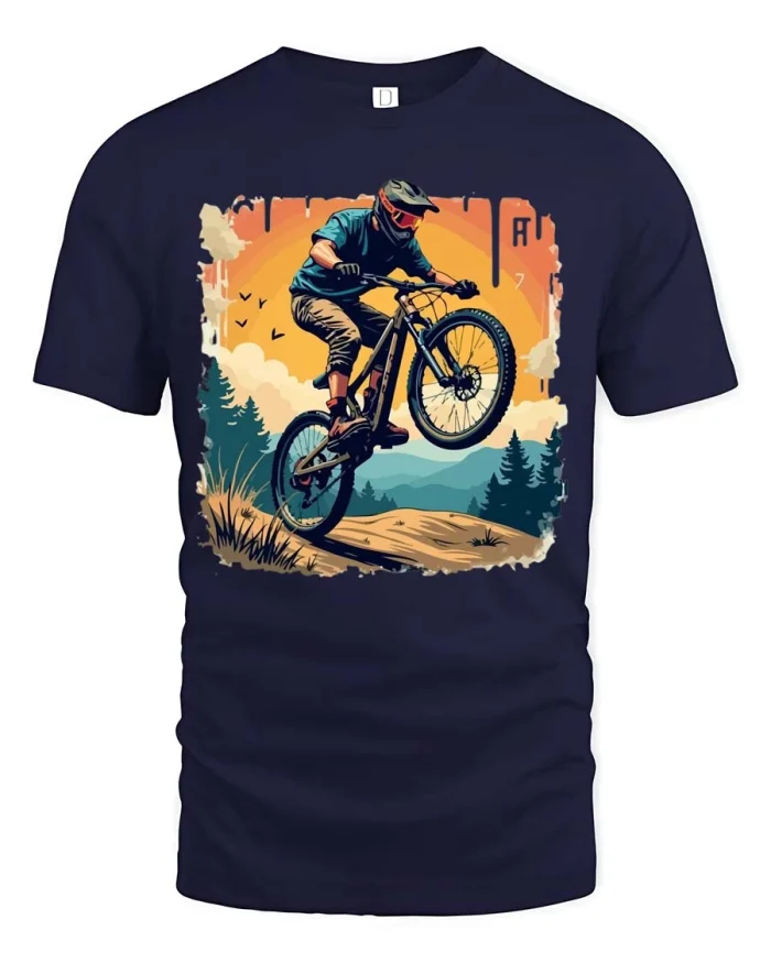 Offroad Thrill Mountain Bike Sunset Ride Graphic Tee - navy t-shirt on white background
