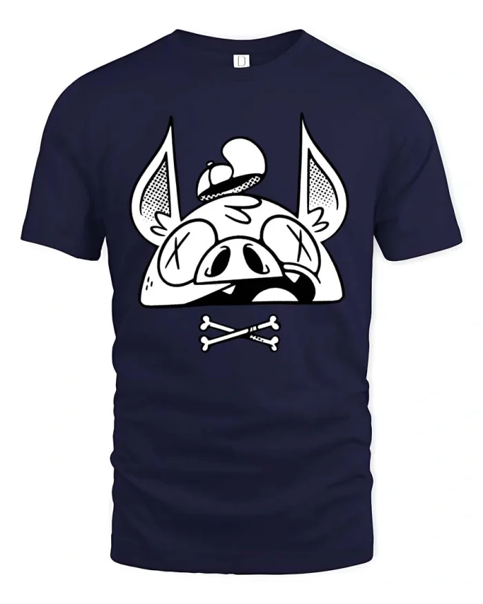 Crazy Pig Skull Bones Street Art Retro Graphic Tee - navy t-shirt on white background