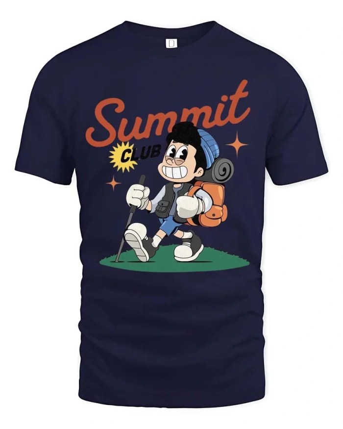 Adventurous Hiker Summit Club Rubber Hose Cartoon Tee - navy t-shirt on white background