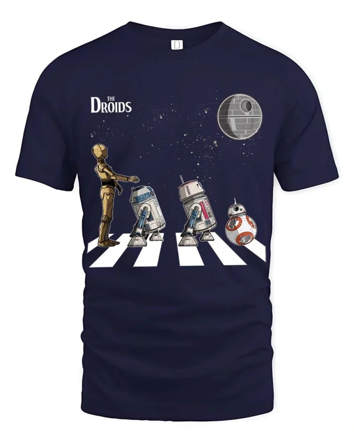 Abbey Road Droids Sci Fi Beatles Mashup Graphic Tee - navy t-shirt on white background
