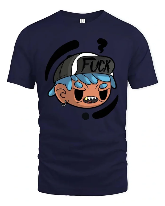 Edgy Anime Boy Grill Gold Tooth Streetwear Graphic Tee - navy t-shirt on white background