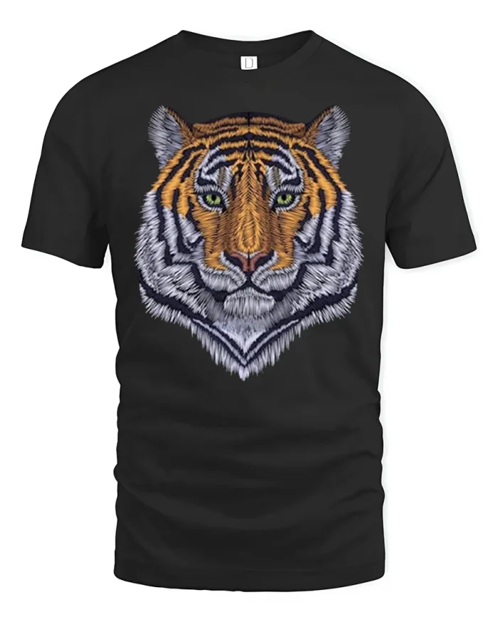 Fierce Tiger Embroidered Look Animal Graphic T-Shirt - black t-shirt on white background