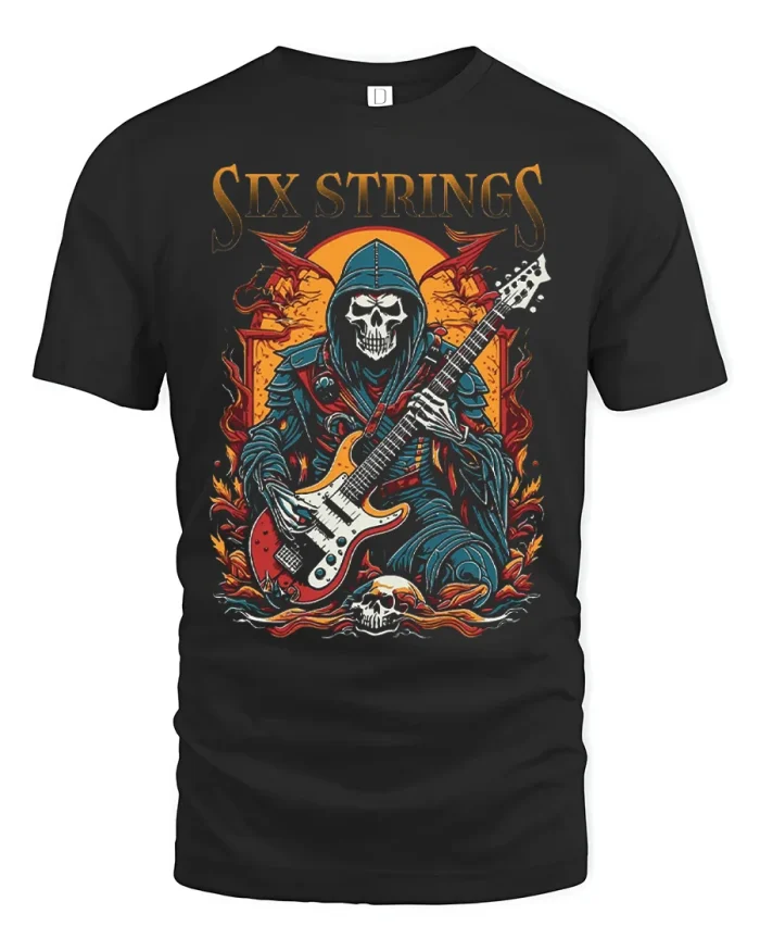 Six Strings Grim Reaper Playing Guitar Rocker T-Shirt - black t-shirt on white background