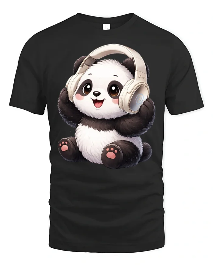 Cute Panda Wearing Headphones Music Lover Graphic T-Shirt - black t-shirt on white background