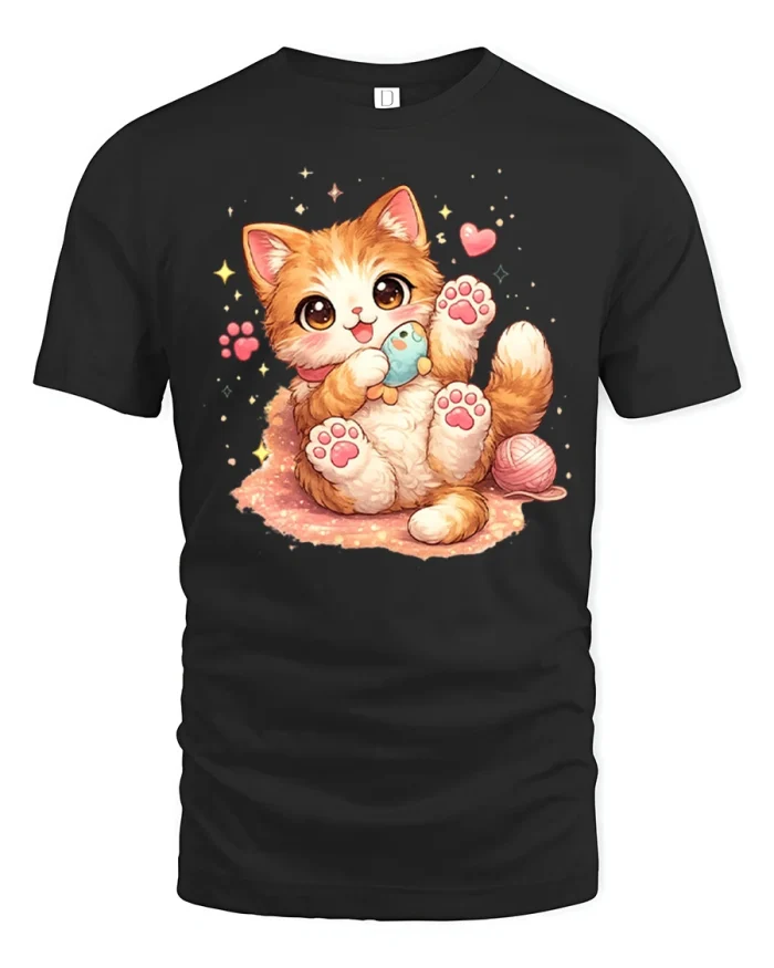 Cute Orange Tabby Kitten Playing With Fish T-Shirt - black t-shirt on white background