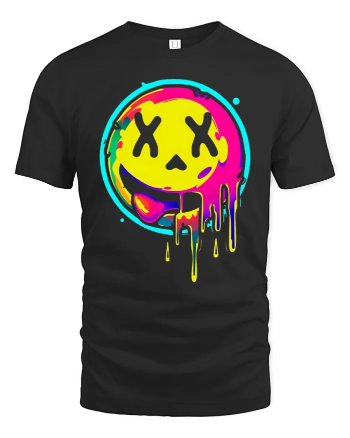 Neon Melting Smiley Face Acid Wash Style Graphic T-Shirt - black t-shirt on white background