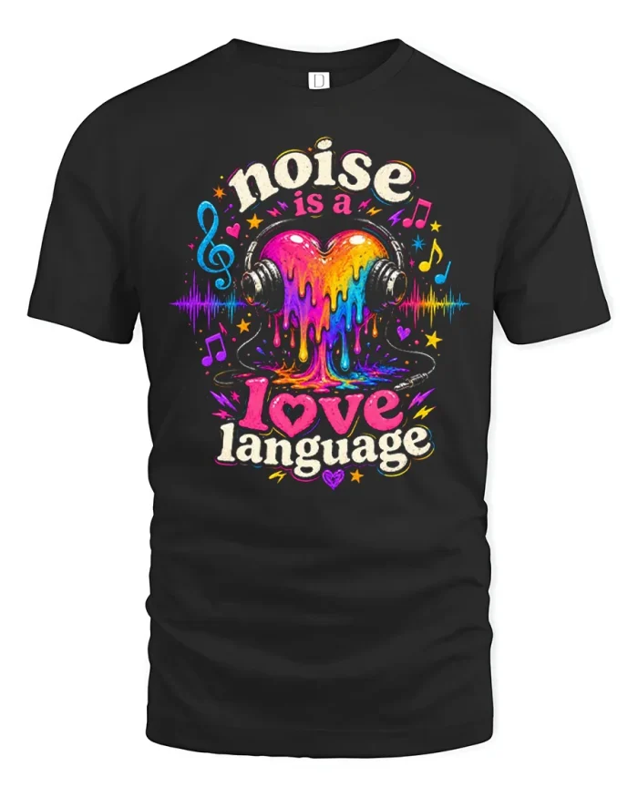 Noise Is A Love Language Music Lover Rainbow Graphic T-Shirt - black t-shirt on white background